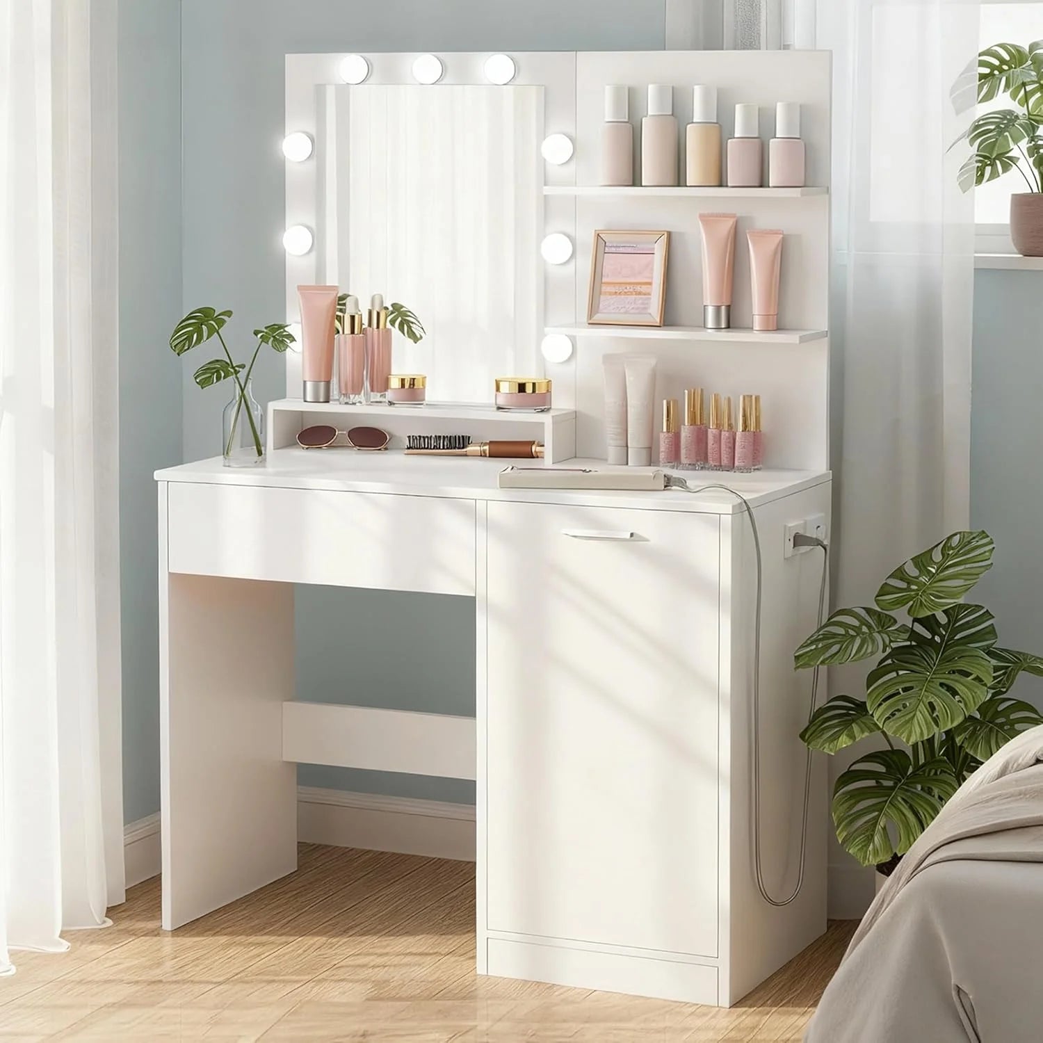 Special VASAGLE KAILYN Collection, Vanity Desk with Mirror and 9 LED Bulbs, Dressing Table with 9 Drawers - Image 3