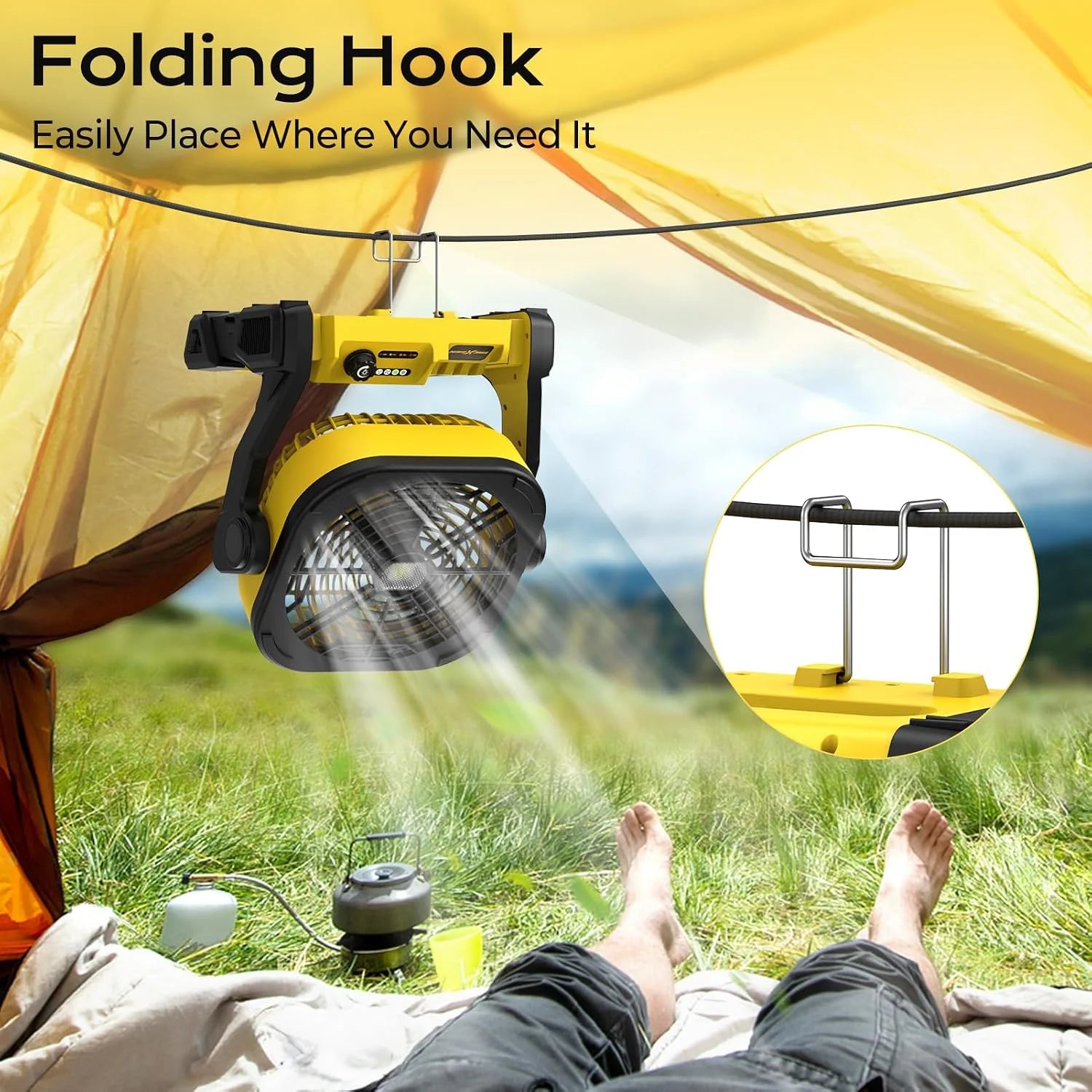 Special Battery Operated Fan for Dewalt 20V Max battery, Portable Fan with AC Adapter & LED Lights, 4 Speeds & Hook - Image 7