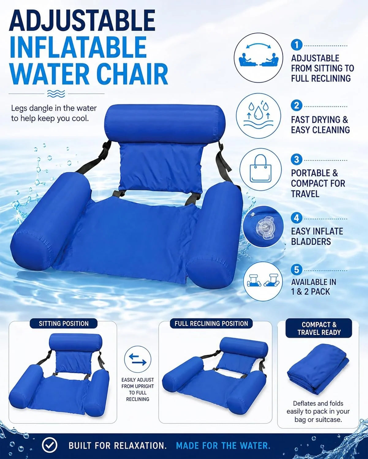 Special 2-Pack Water Chair Inflatable Pool Float Lounges for Adults, Adjustable Reclining Water Chairs for Pool - Image 7