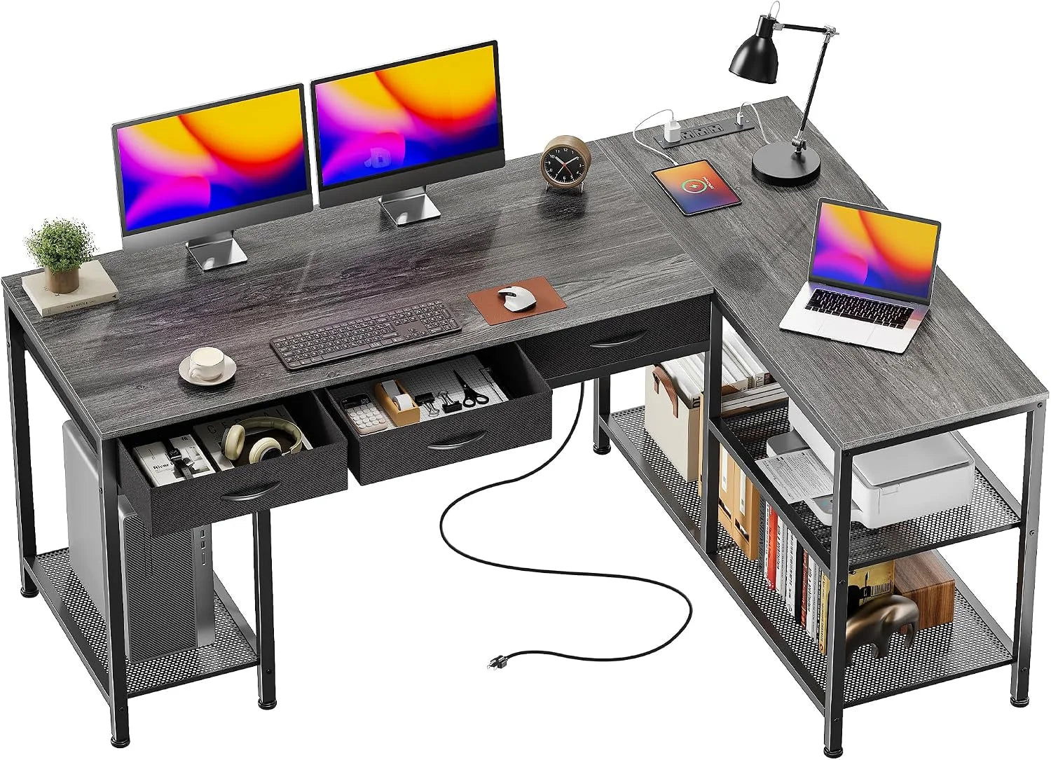 Special 55 Inch L Shaped Office Desk with Power Outlets and Type-C Port, Large Computer Gaming Desk with 3 Fabric - Image 5