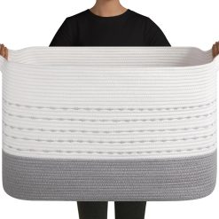 Alternative view of Special Large Blanket Basket, Storage Baskets with Handle, Rectangle Woven Cotton Rope Basket, Toy Organizer Bins, 22 x