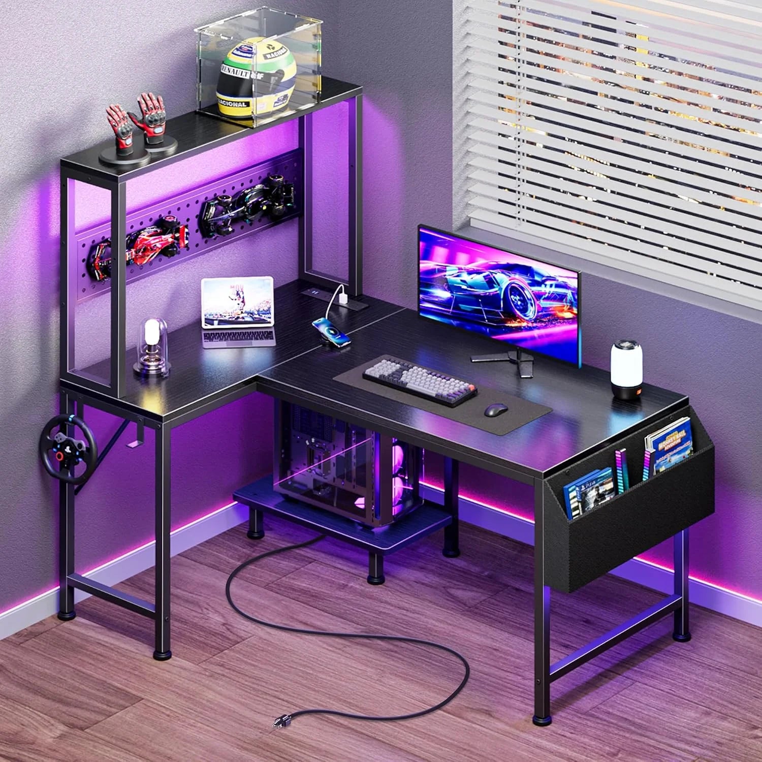 Special L Shaped Gaming Desk with LED Lights & Power Outlets, Reversible Computer Desk with Storage Shelves & Bag - Image 11