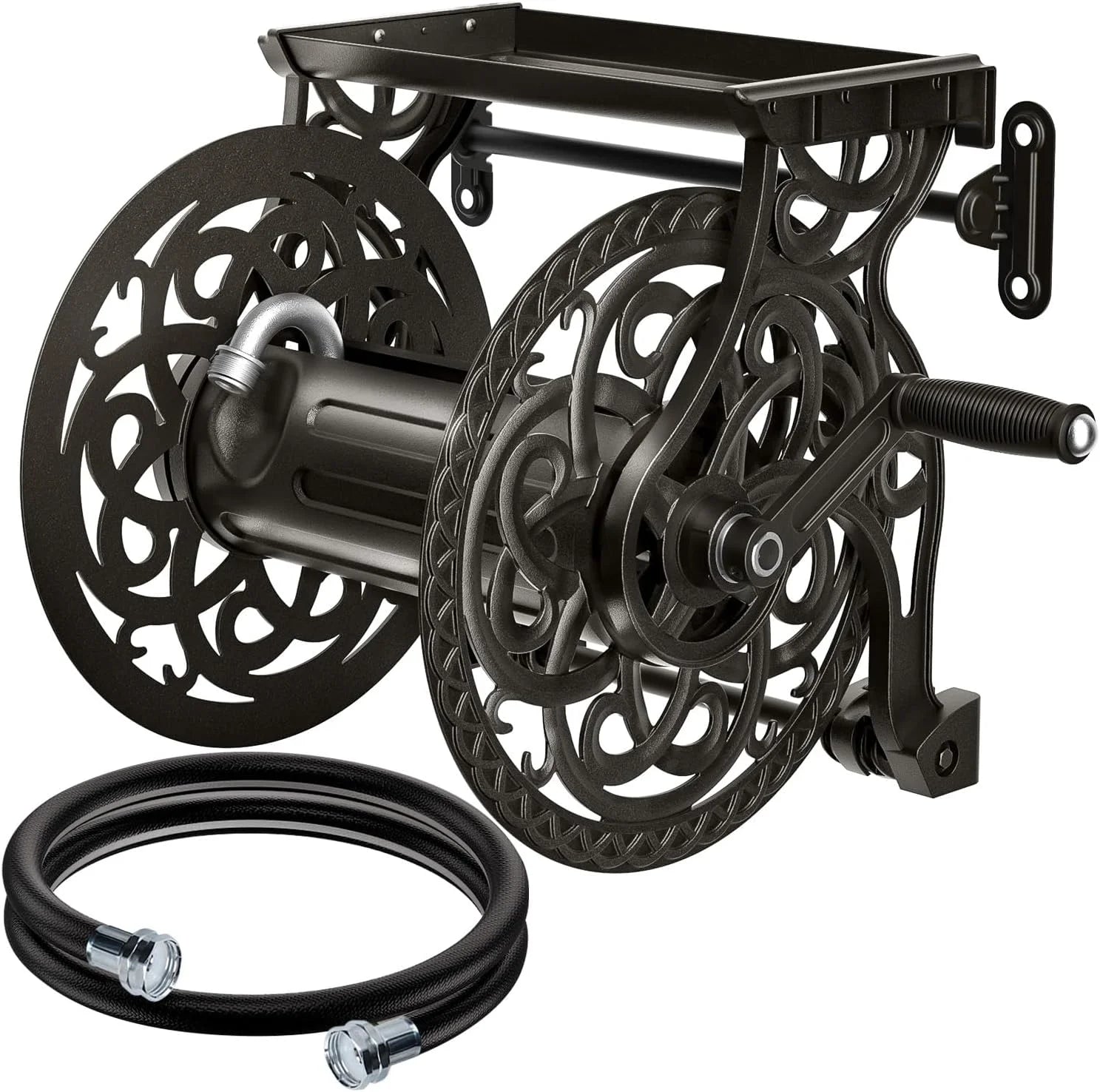 Special Wall Mount Garden Hose Reel for Outside, Holds 125 ft x 5/8" Hose Storage, Decorative Heavy Duty Water Hose