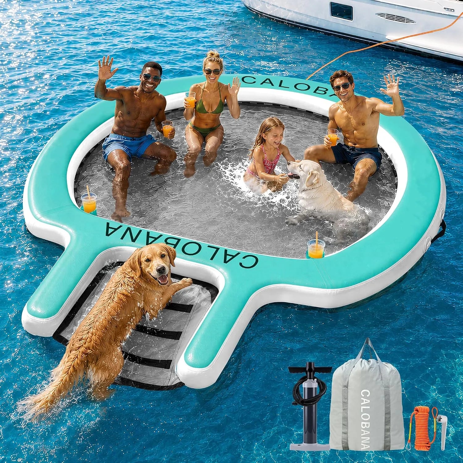 Special CALOBANA Water Hammock with Dog Boat Ramp, Inflatable Round Floating Ring for Adults Pets Heavy Duty Floating Dock - Image 2