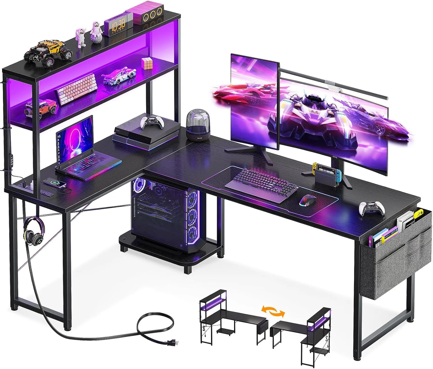 Special L Shaped Desk Gaming Desk with LED Light & Power Outlet, 53 Inch Black Reversible L Shaped Computer Table - Image 2