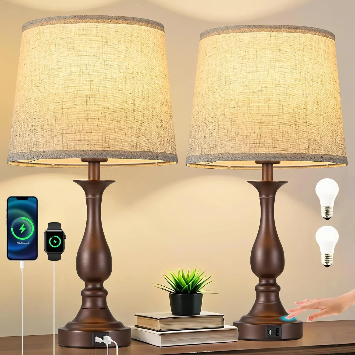 Special Bedside Table Lamp Touch Control Bedroom Lamps with USB A and C Charging Port 3 Way Dimmable Touch Lamps for Nightstand - Image 10