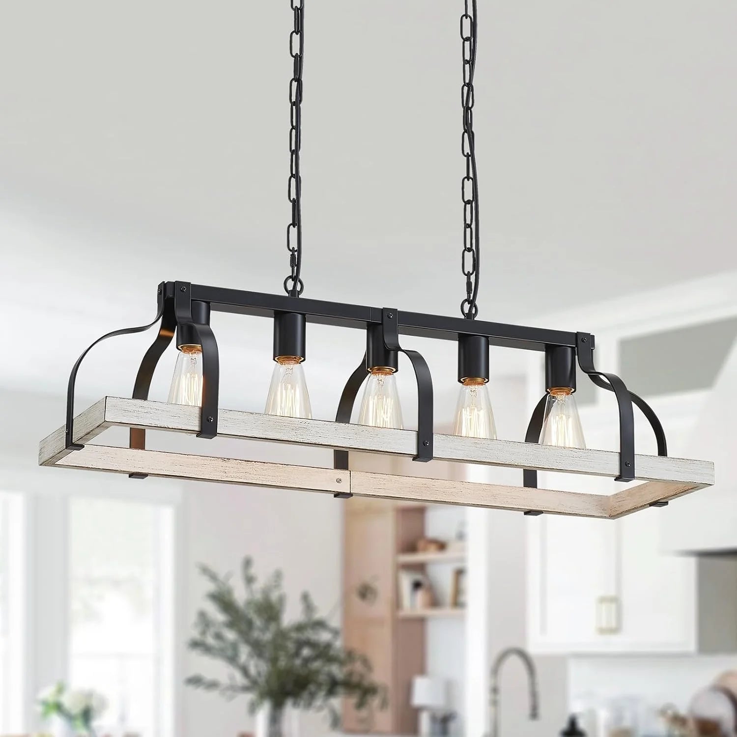 Special 5-Light Metal Chandelier Imitation Wood Grain Linear Pendant Ceiling Lighting Rustic Farmhouse Fixture Kitchen - Image 8