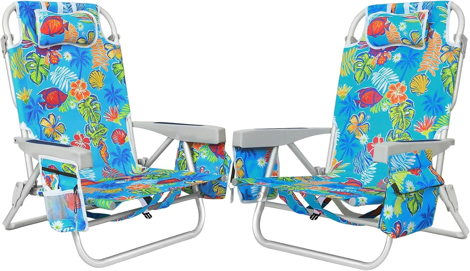 Special Aluminum Extra Wide 5-Position Lay Flat Folding Backpack Beach Chairs for Adults, with Cooler Bag