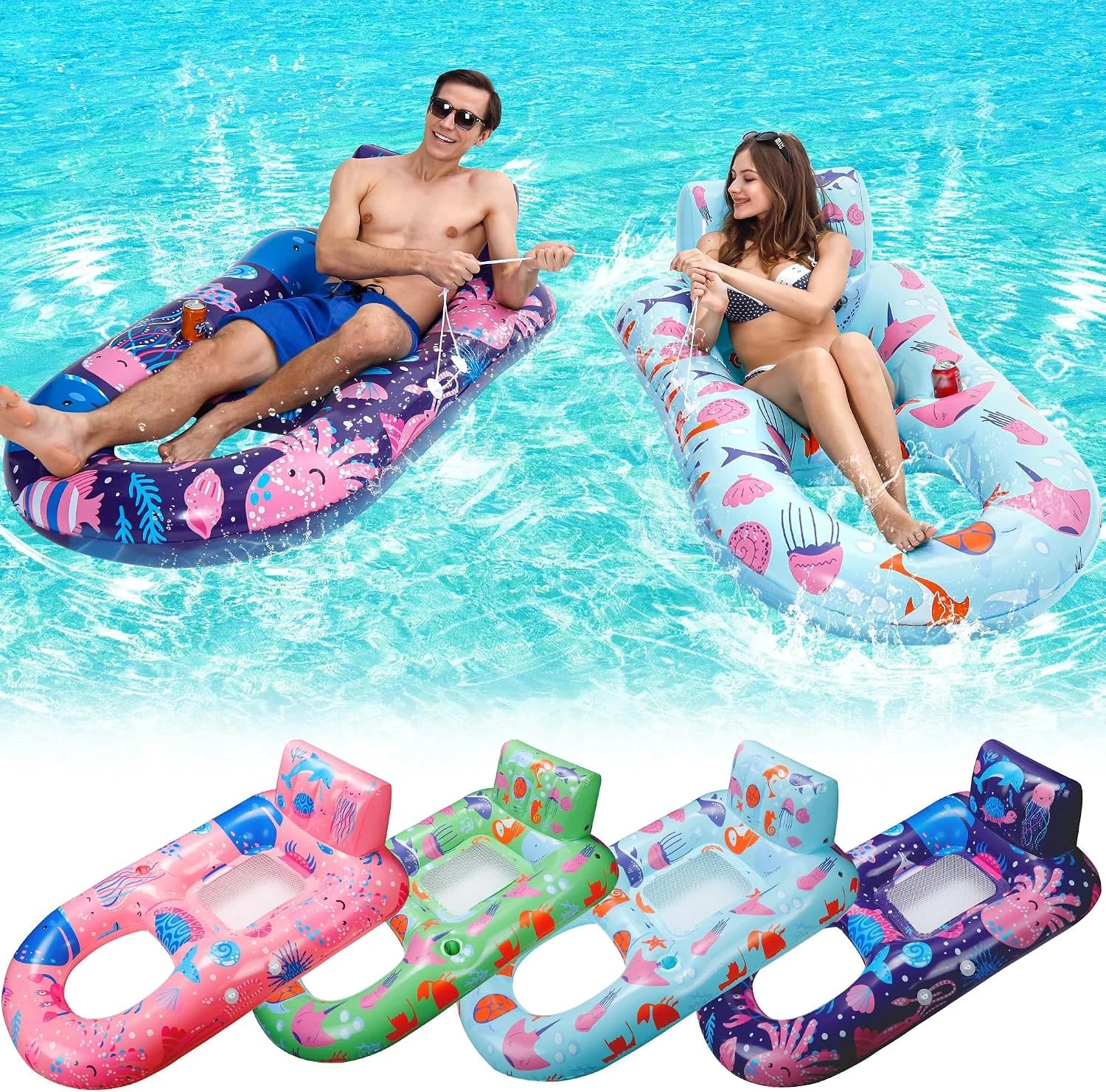 Special 4 Pack Pool Floats Adult, Inflatable Pool Lounger Float Heavy Duty with Cup Holder