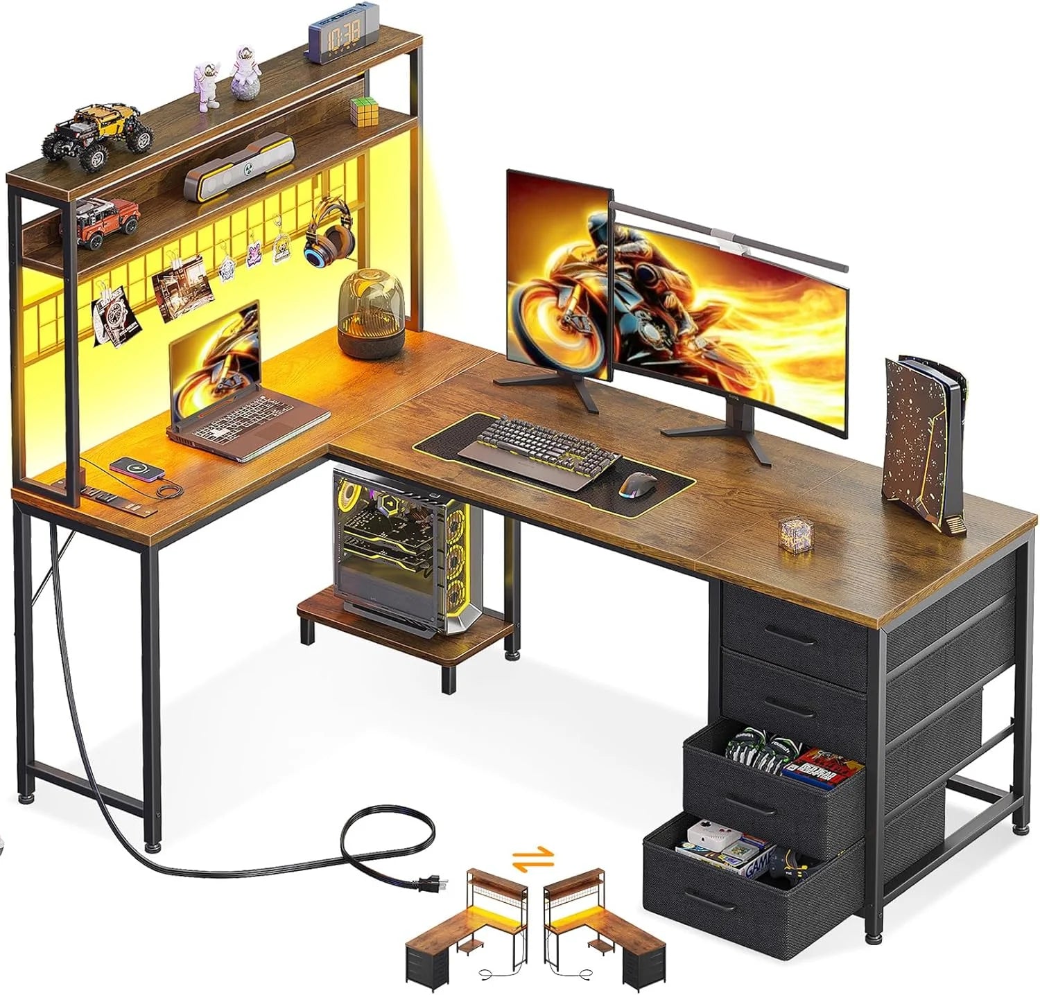 Special L Shaped Desk Gaming Desk with LED Light & Power Outlet, 53 Inch Black Reversible L Shaped Computer Table - Image 9