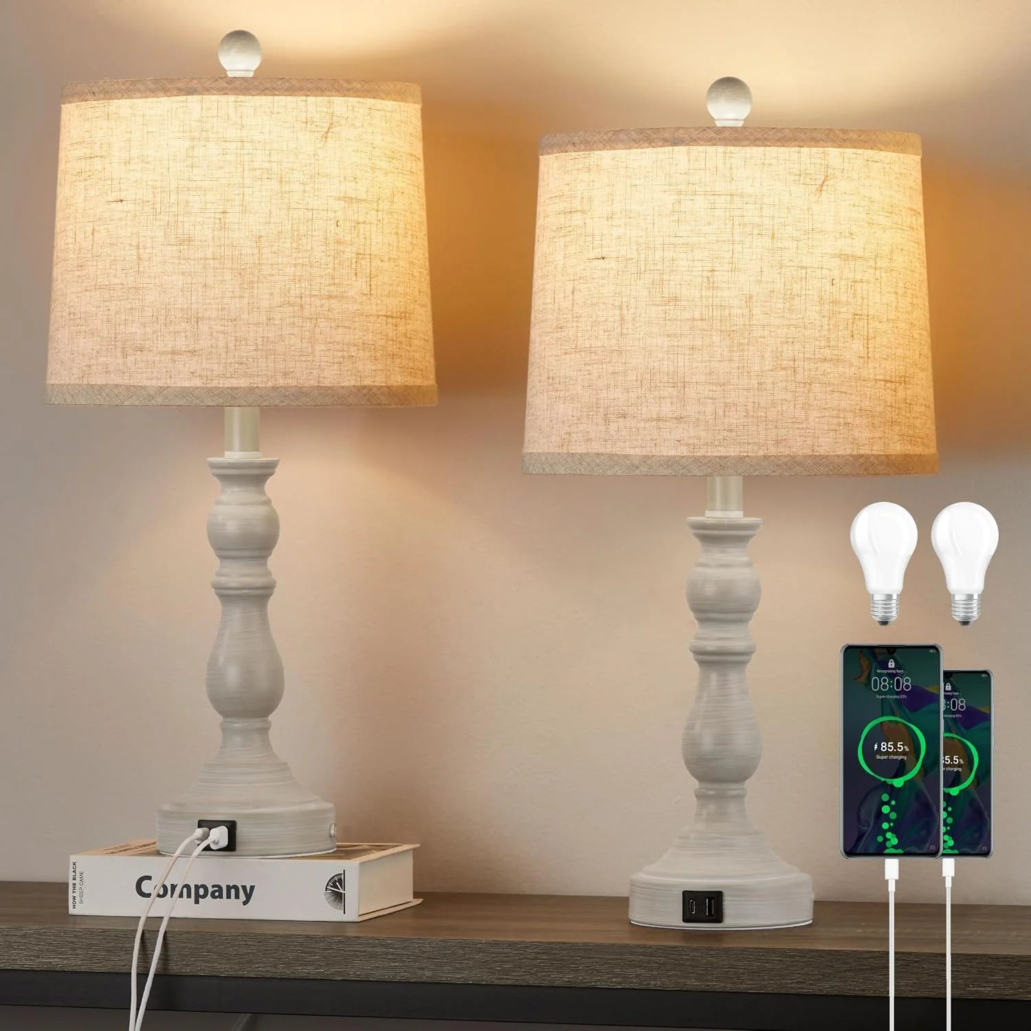 Special 23” Farmhouse Table Lamps for Living Room Set of 2 with USB C+A Ports, 3-Color Temperature, Bulb Included - Image 6
