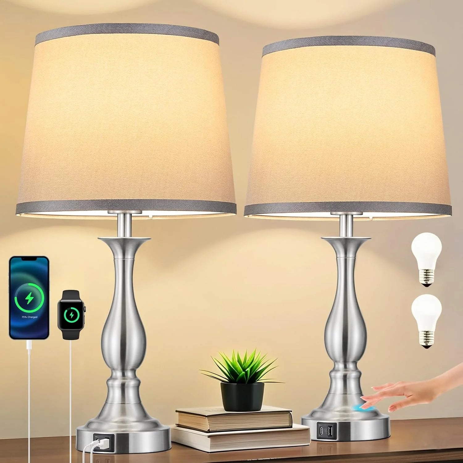 Special Bedside Table Lamp Touch Control Bedroom Lamps with USB A and C Charging Port 3 Way Dimmable Touch Lamps for Nightstand - Image 5