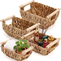 Special Wicker Storage Baskets, Hand Woven Organizing Basket, Water Hyacinth Nesting Shelf Bins with Wooden