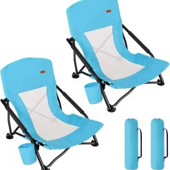 Special Low Beach Chair for Adults 2 Pack, Low Profile Folding with Cup Holder & Carry Bag, Heavy Duty Chair for Outdoor