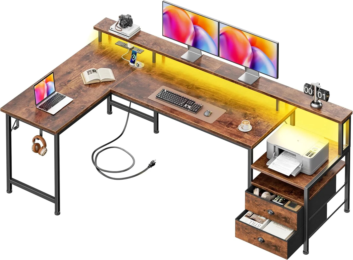 Special 66” L Shaped Gaming Desk with Drawers and Storage Shelves, Reversible Corner Desk with Power Outlets and Host