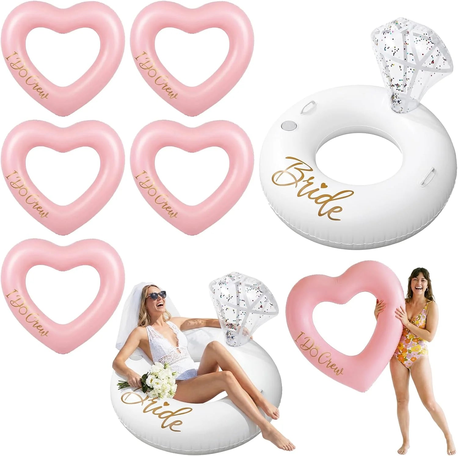 Special 6 Pcs Bachelorette Pool Floats, 1 Diamond Ring & 5 Pink Heart Loungers, Inflatable Party Decorations for Bridal