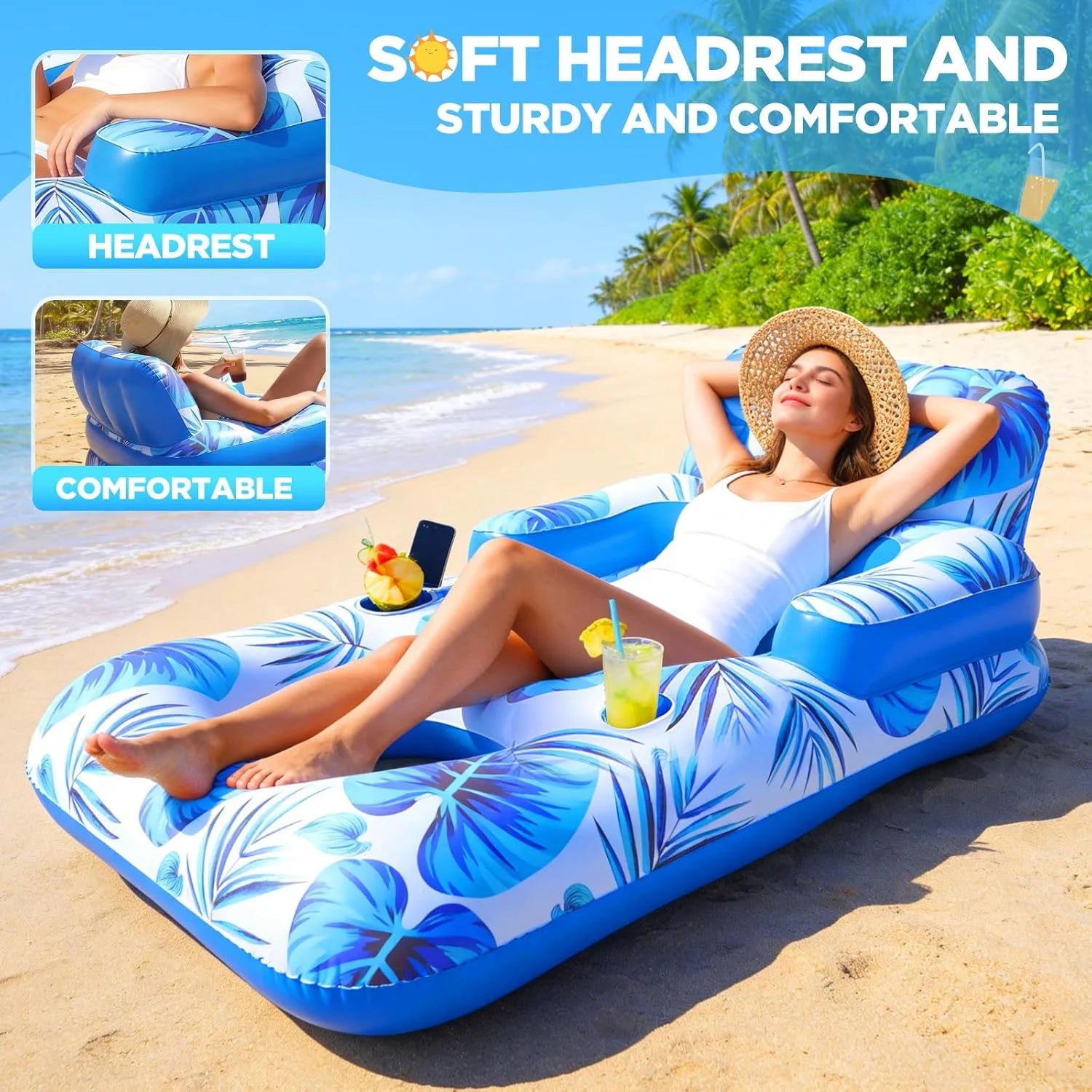 Special Pool Floats Adult, 65 Thicken PVC Inflatable Pool Float Lounger Rafts with Cup & Phone Holder & Headrest - Image 5