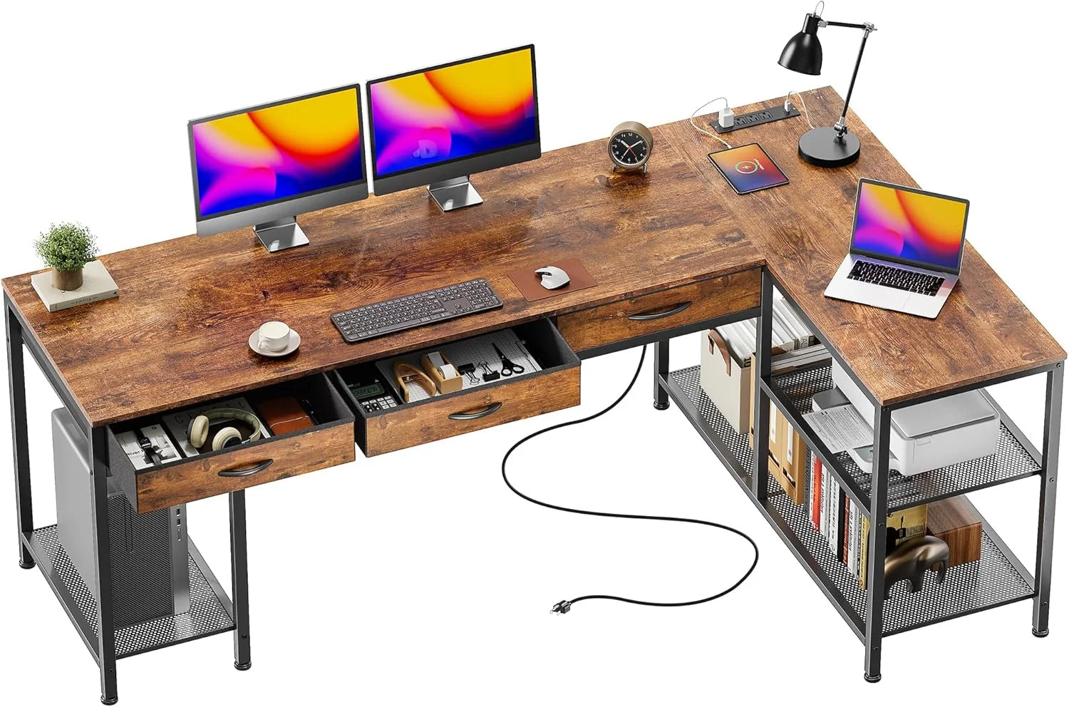 Special 55 Inch L Shaped Office Desk with Power Outlets and Type-C Port, Large Computer Gaming Desk with 3 Fabric - Image 4