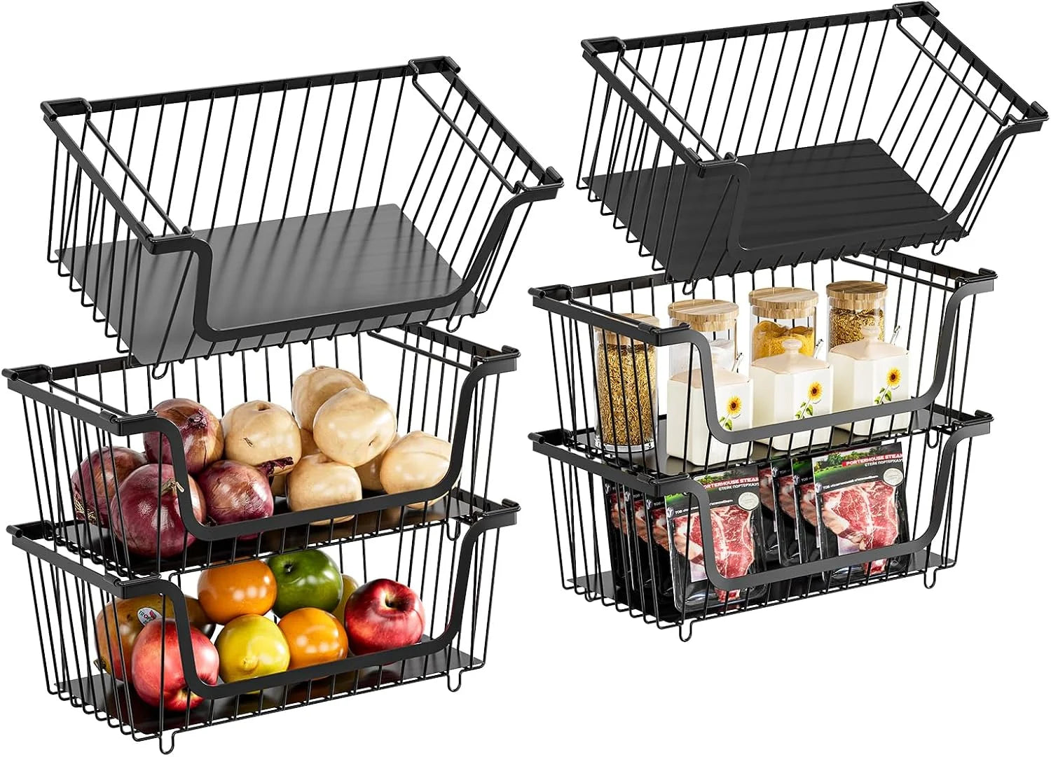 Special Stackable Wire Baskets Pantry Organizers and Storage Bins, Black, Breathable Metal Design with Rotating - Image 5