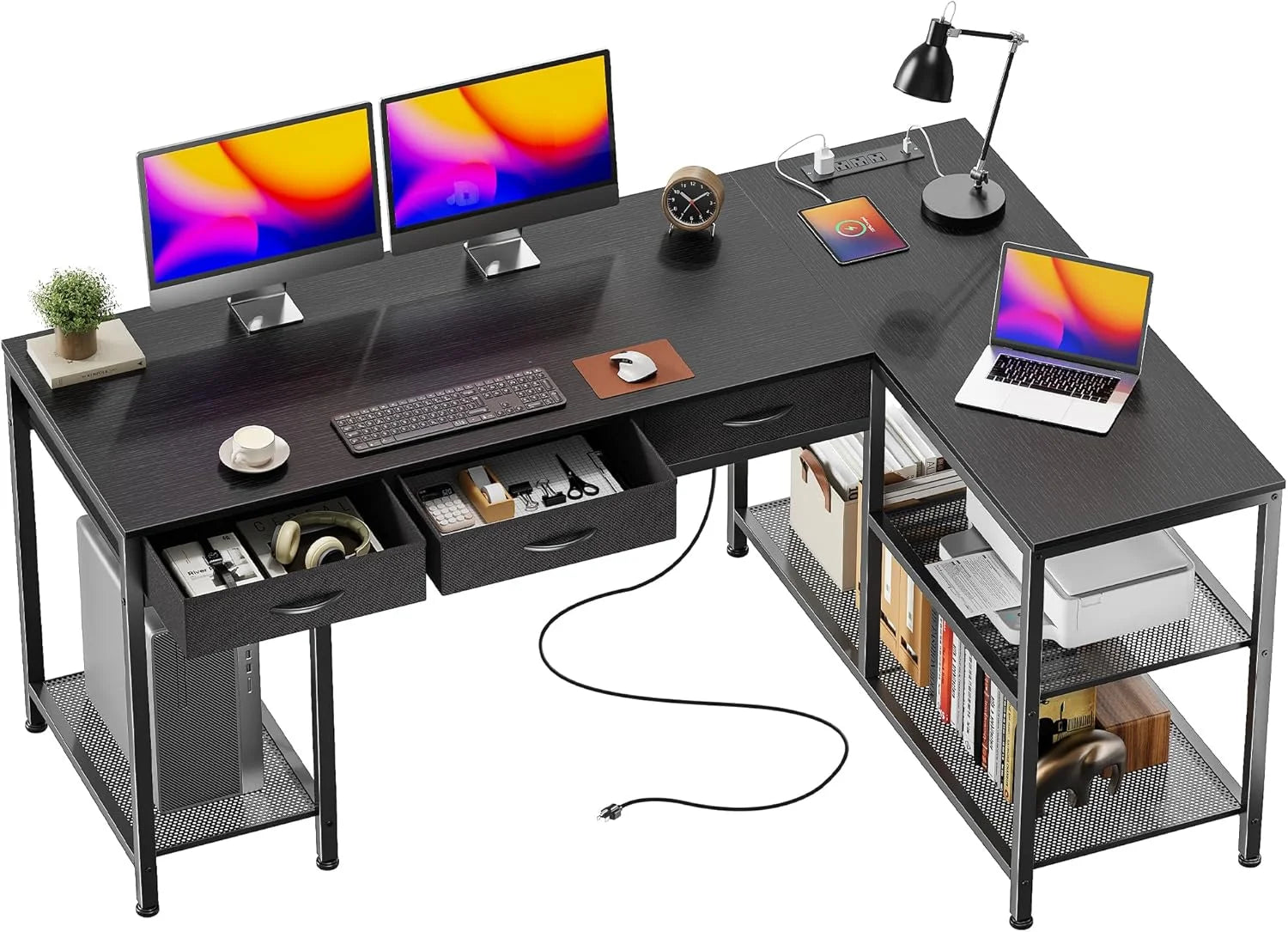 Special 55 Inch L Shaped Office Desk with Power Outlets and Type-C Port, Large Computer Gaming Desk with 3 Fabric - Image 6