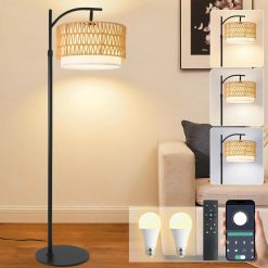 Special Gold Boho Rattan Floor Lamp w/Remote, Dimmable