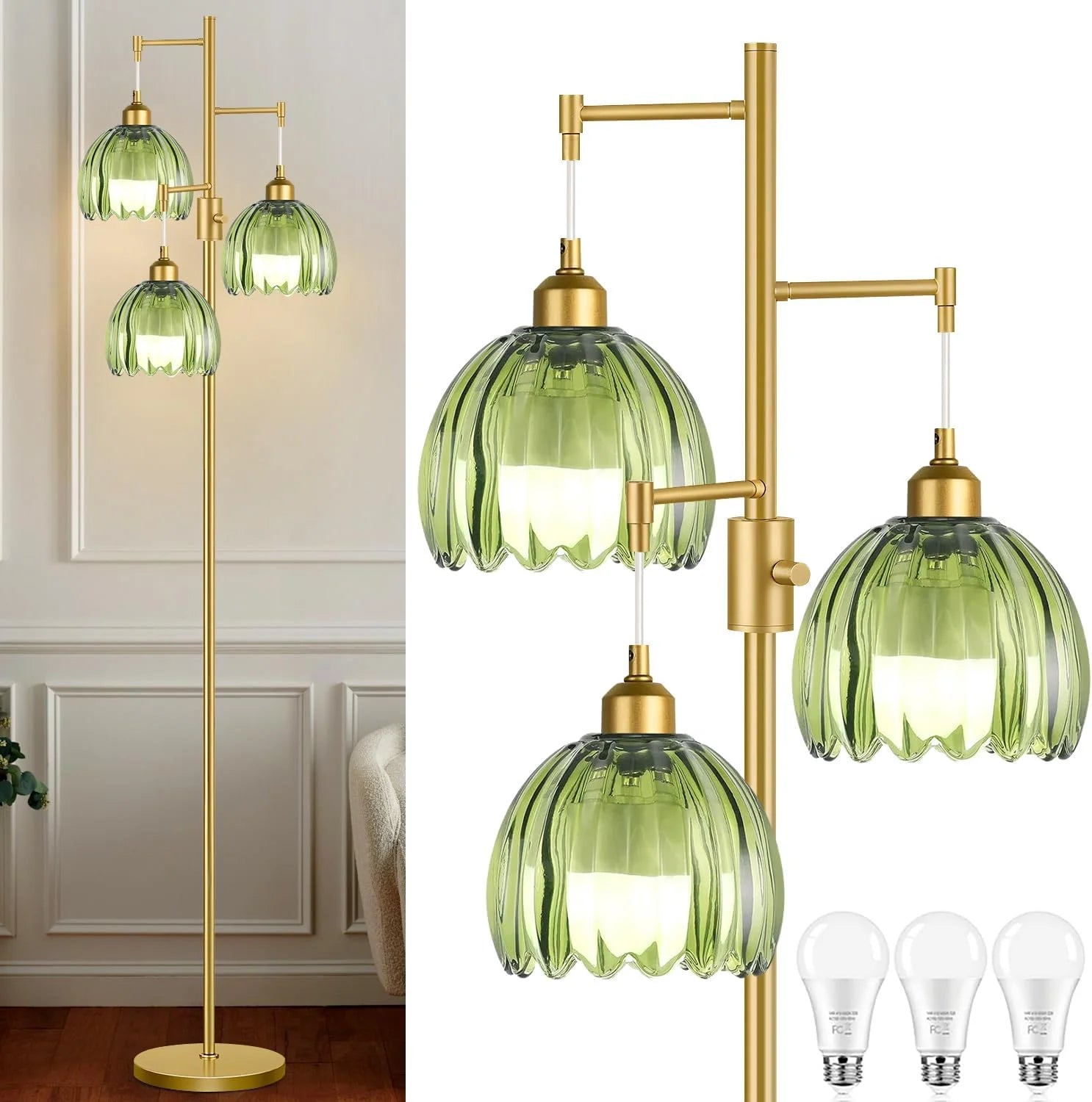 Special ZECOXOL Vintage Floor Lamp for Living Room Bedroom-3 Light Glass Floor Lamp with Three Led Bulb - Image 4