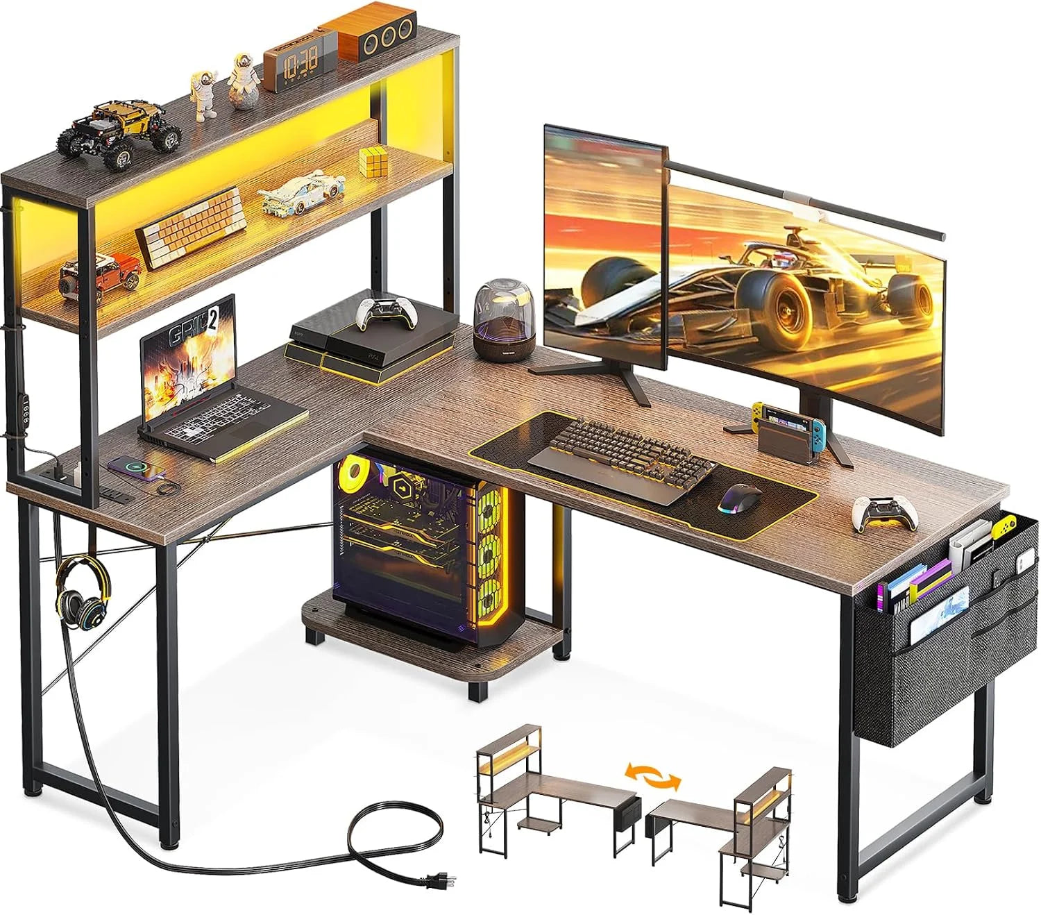 Special L Shaped Desk Gaming Desk with LED Light & Power Outlet, 53 Inch Black Reversible L Shaped Computer Table - Image 7