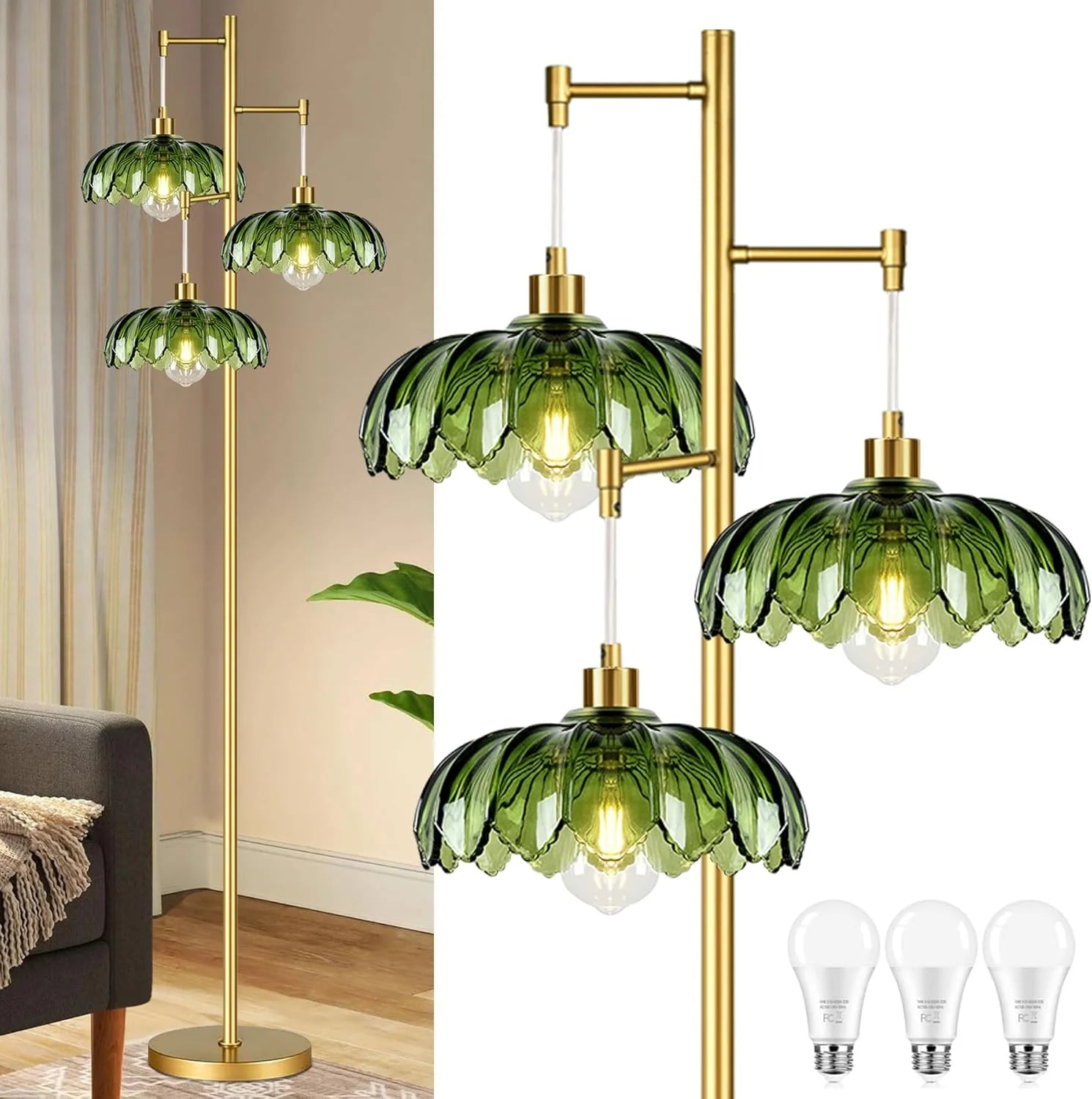 Special ZECOXOL Vintage Floor Lamp for Living Room Bedroom-3 Light Glass Floor Lamp with Three Led Bulb - Image 12