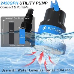 Alternative view of Special 1/2HP Submersible Water Pump with Stainless Steel Base, Removes Water to 0.04 Depth, 2450GPH Portable Sump Pump