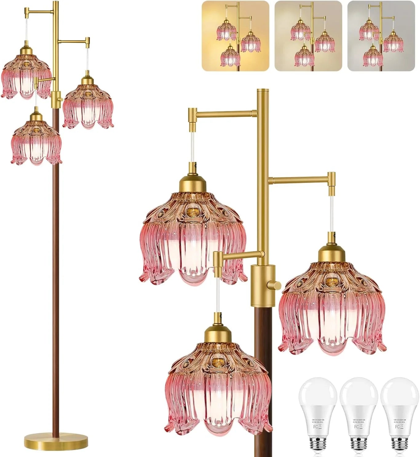 Special ZECOXOL Vintage Floor Lamp for Living Room Bedroom-3 Light Glass Floor Lamp with Three Led Bulb - Image 7