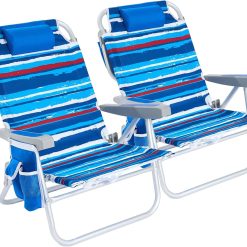 Special Low Beach Chair 2 Pack, 5-Position Lay Flat Reclining, Backpack Portable Folding Chairs with Cooler Bag & Cup