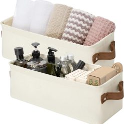 Special StorageWorks Fabric Narrow Storage Bins, Khaki and Beige Stripes, 2-Pack, With Metal Frame, Sturdy Structure