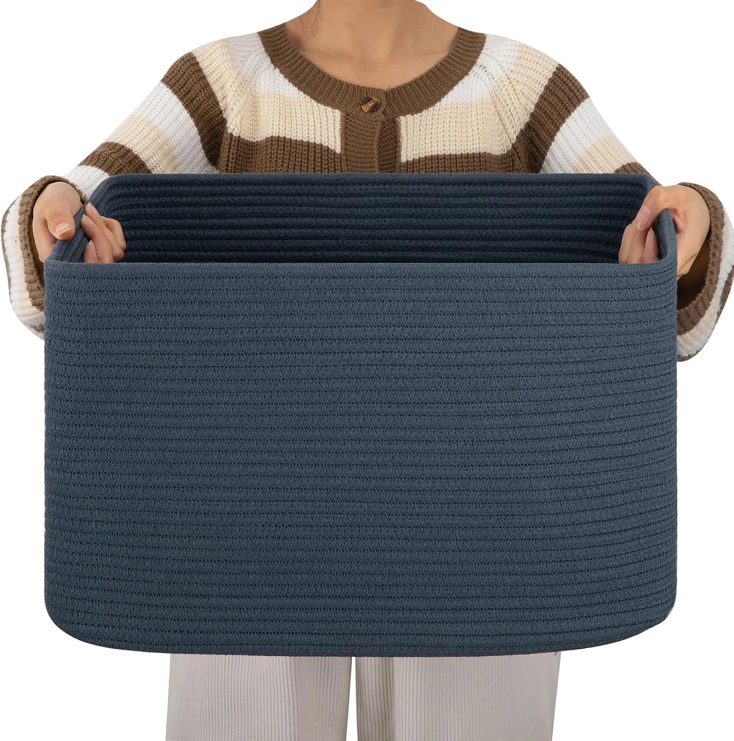 Special Large Blanket Basket, Storage Baskets with Handle, Rectangle Woven Cotton Rope Basket, Toy Organizer Bins, 22 x - Image 7
