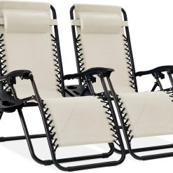 Special Choice Products Set of 2 Adjustable Steel Mesh Zero Gravity Lounge Chair Recliners w/Pillows and Cup Holder Trays