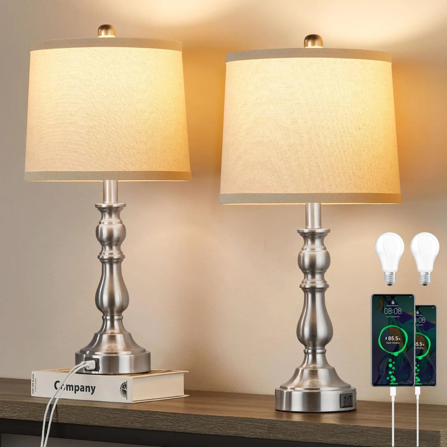 Special 23” Farmhouse Table Lamps for Living Room Set of 2 with USB C+A Ports, 3-Color Temperature, Bulb Included - Image 2