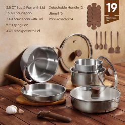 Alternative view of Special 19pcs Stainless Steel Cookware Set with Detachable Handle, Pots and Pans Set