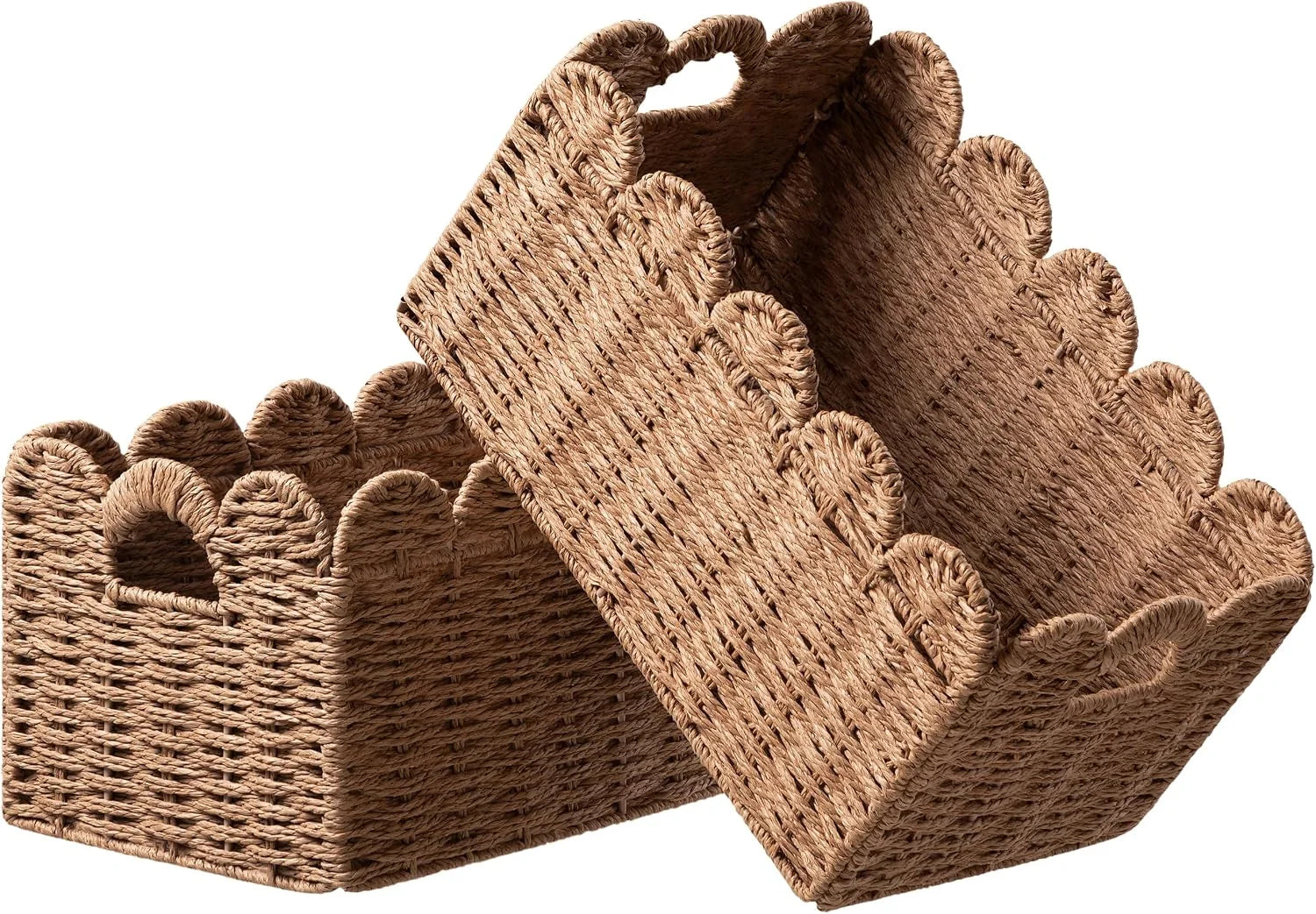 Special 2 Pack Scalloped Edge Basket, Wicker Storage Baskets for Shelves, Hand-woven Rattan Baskets with Built-in Handles - Image 6