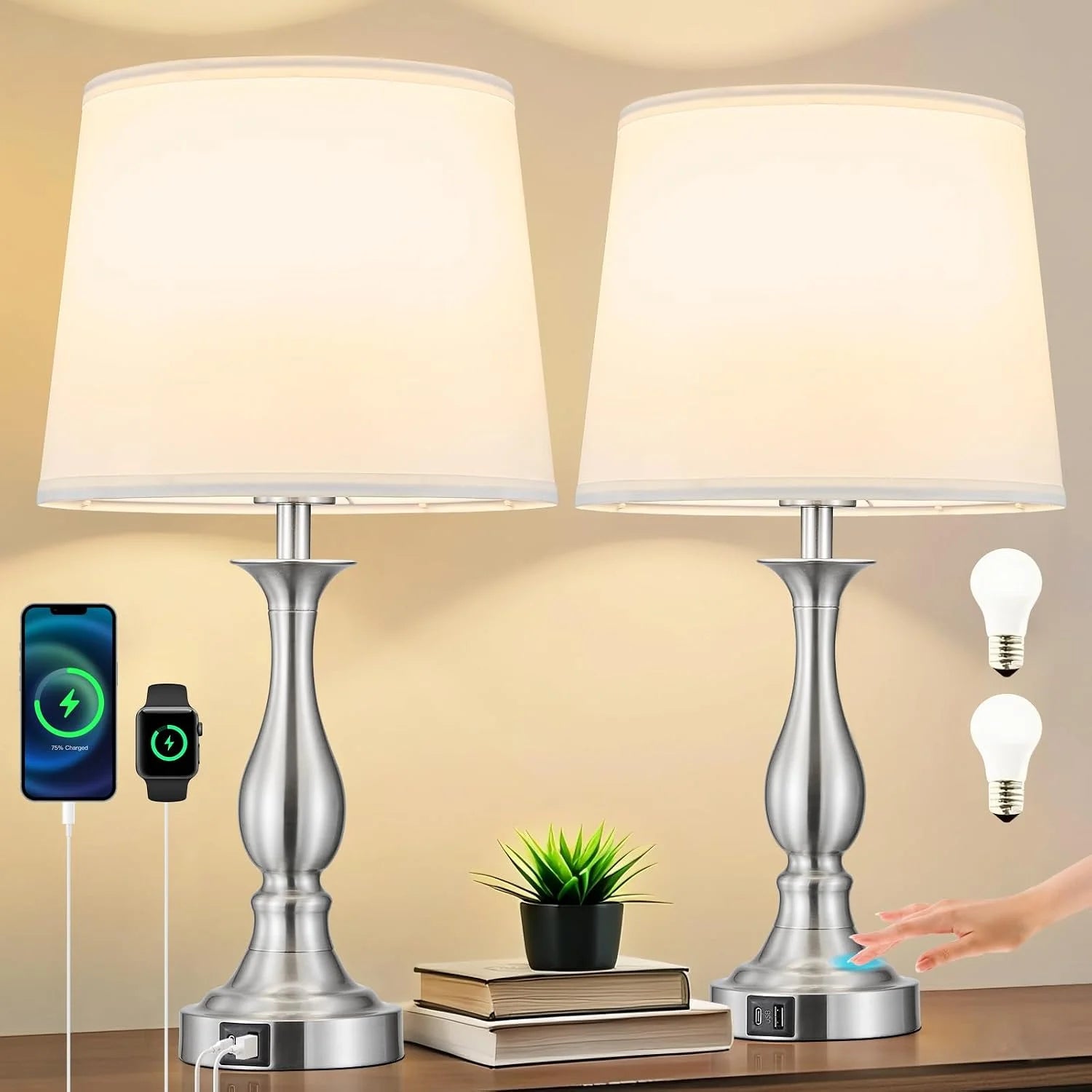 Special Bedside Table Lamp Touch Control Bedroom Lamps with USB A and C Charging Port 3 Way Dimmable Touch Lamps for Nightstand - Image 4
