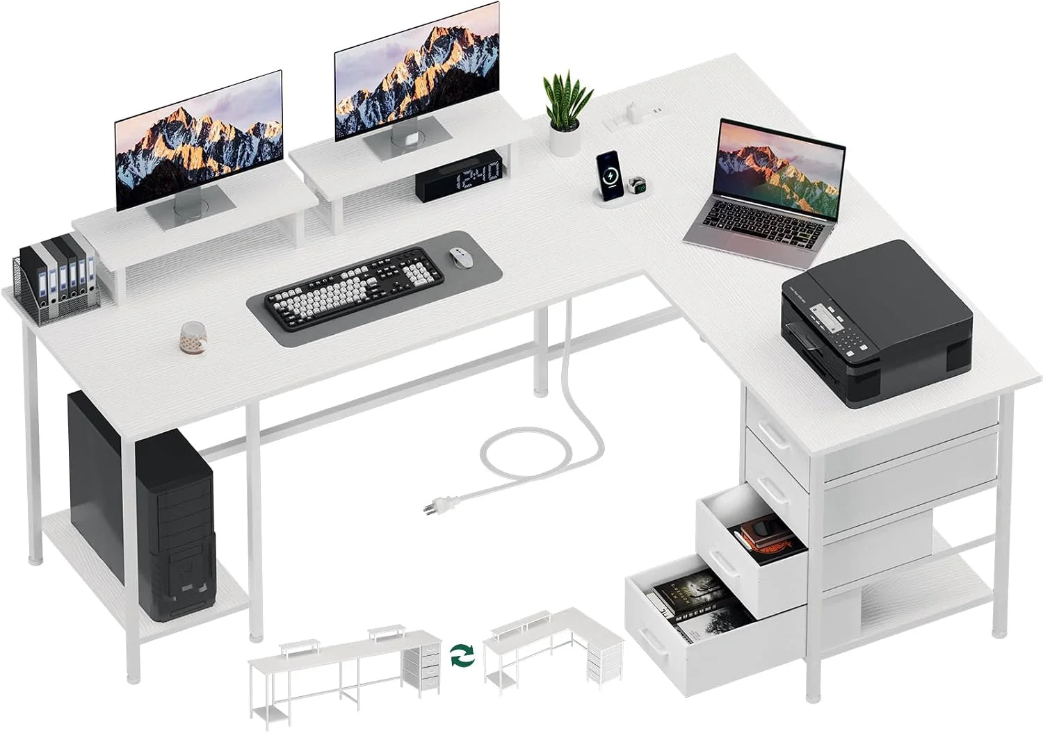 Special Korfile 59 inch L Shaped Computer Desk with Power Outlets, Home Office Desk with 4 Adjustable Storage Drawers & 2 - Image 5