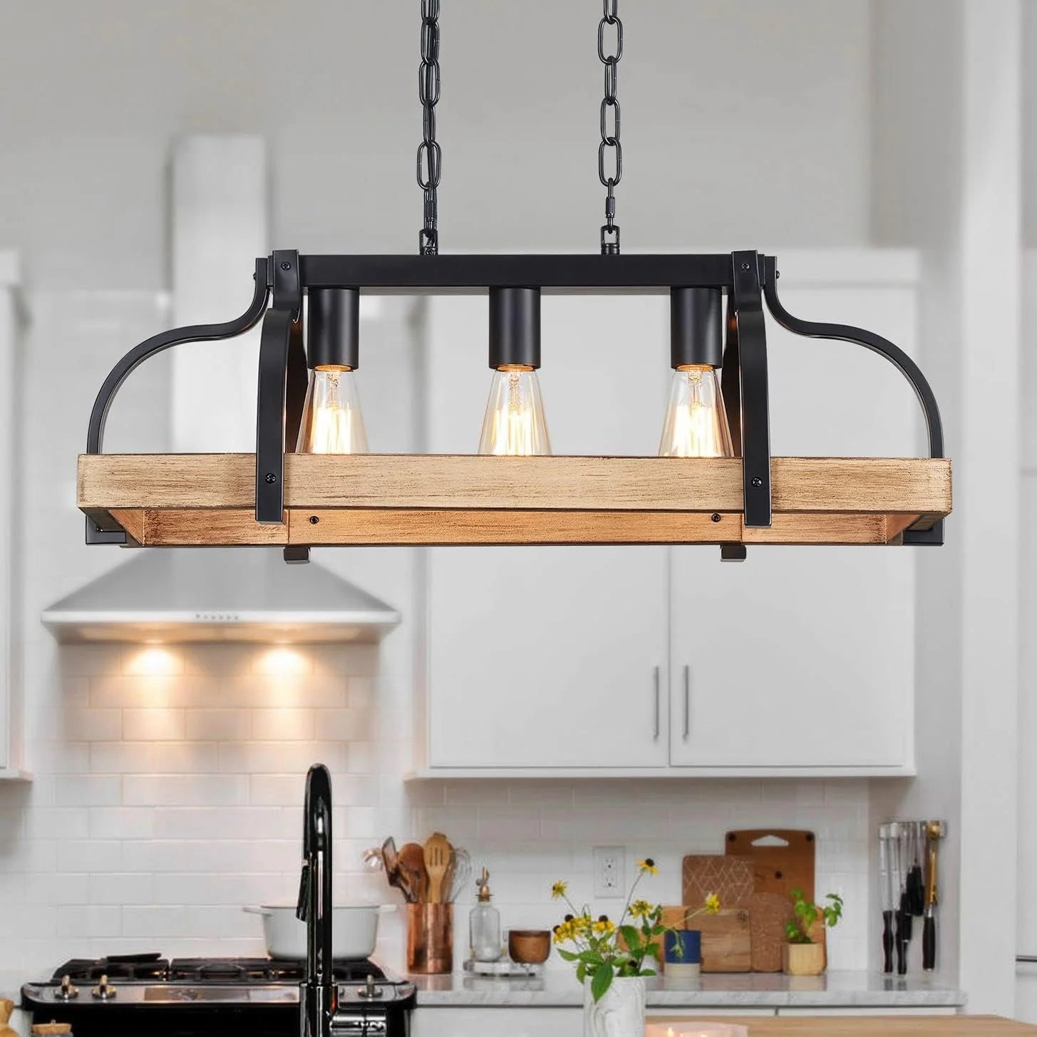 Special 5-Light Metal Chandelier Imitation Wood Grain Linear Pendant Ceiling Lighting Rustic Farmhouse Fixture Kitchen - Image 11