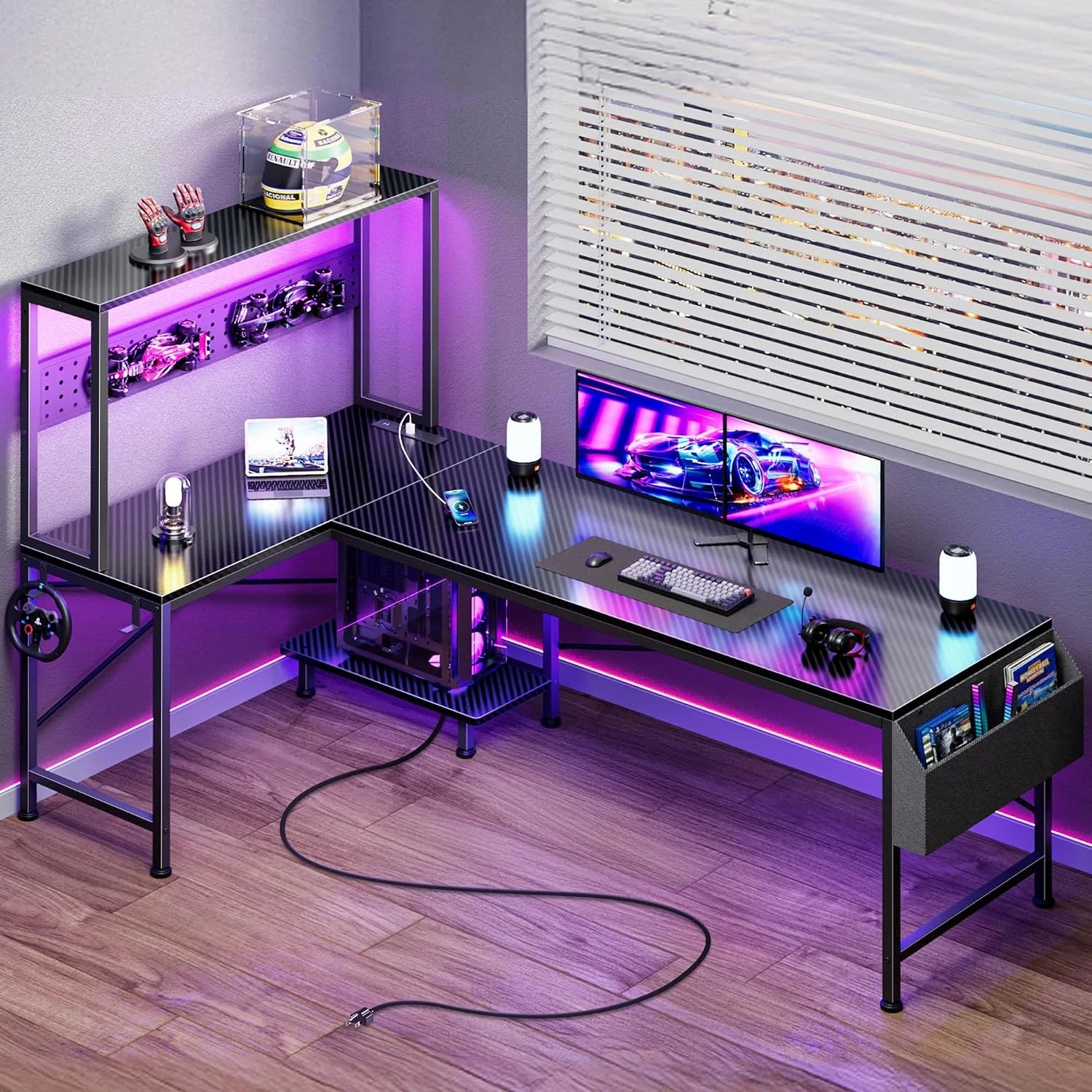 Special L Shaped Gaming Desk with LED Lights & Power Outlets, Reversible Computer Desk with Storage Shelves & Bag - Image 6