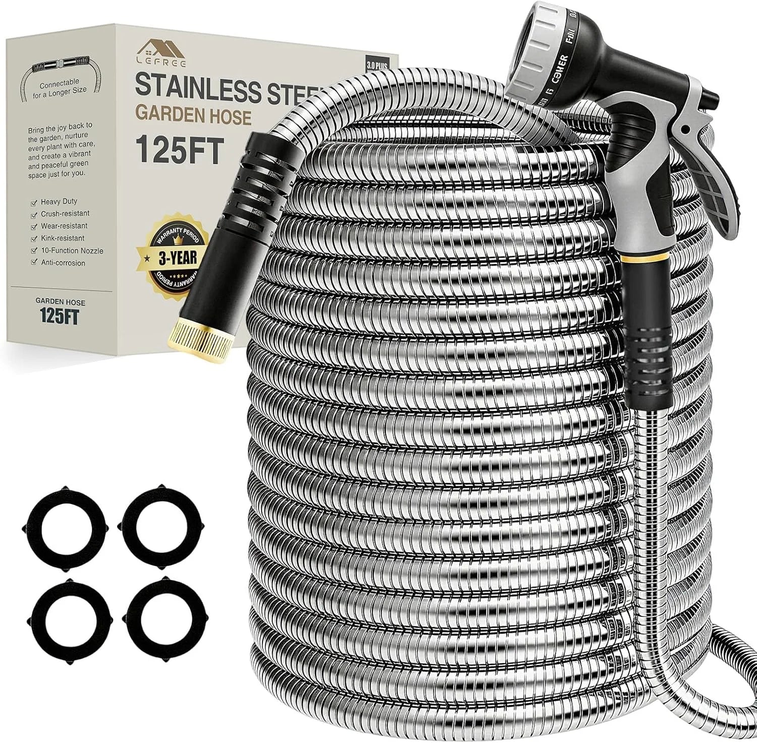 Special 150ft Stainless Steel Garden Hose, No-Kink Leak-Proof Crush Resistant, 10-Function Nozzle for Lawn Care - Image 7
