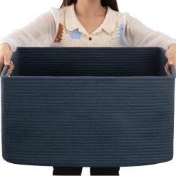 Special Large Blanket Basket, Storage Baskets with Handle, Rectangle Woven Cotton Rope Basket, Toy Organizer Bins, 22 x