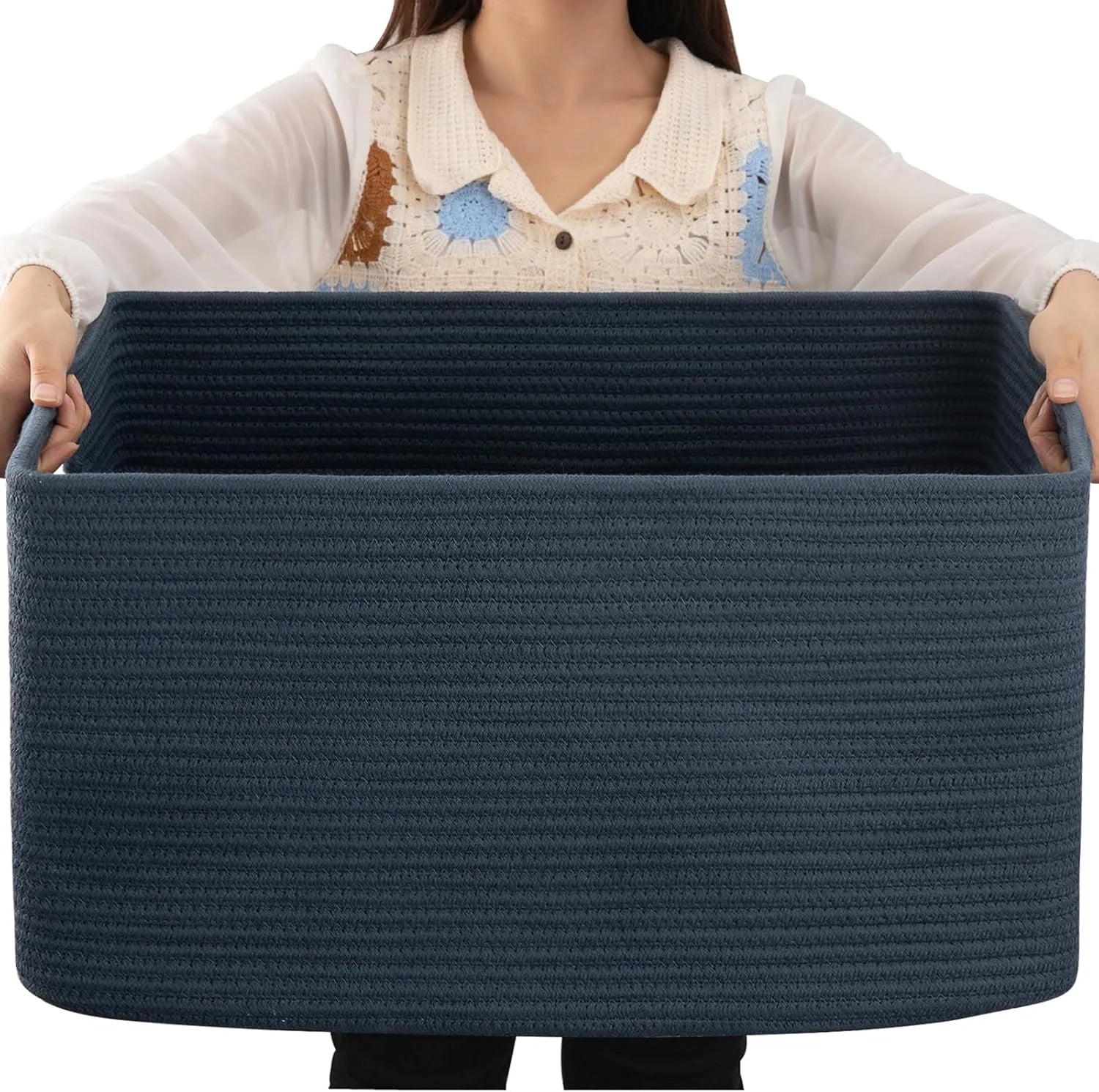 Special Large Blanket Basket, Storage Baskets with Handle, Rectangle Woven Cotton Rope Basket, Toy Organizer Bins, 22 x