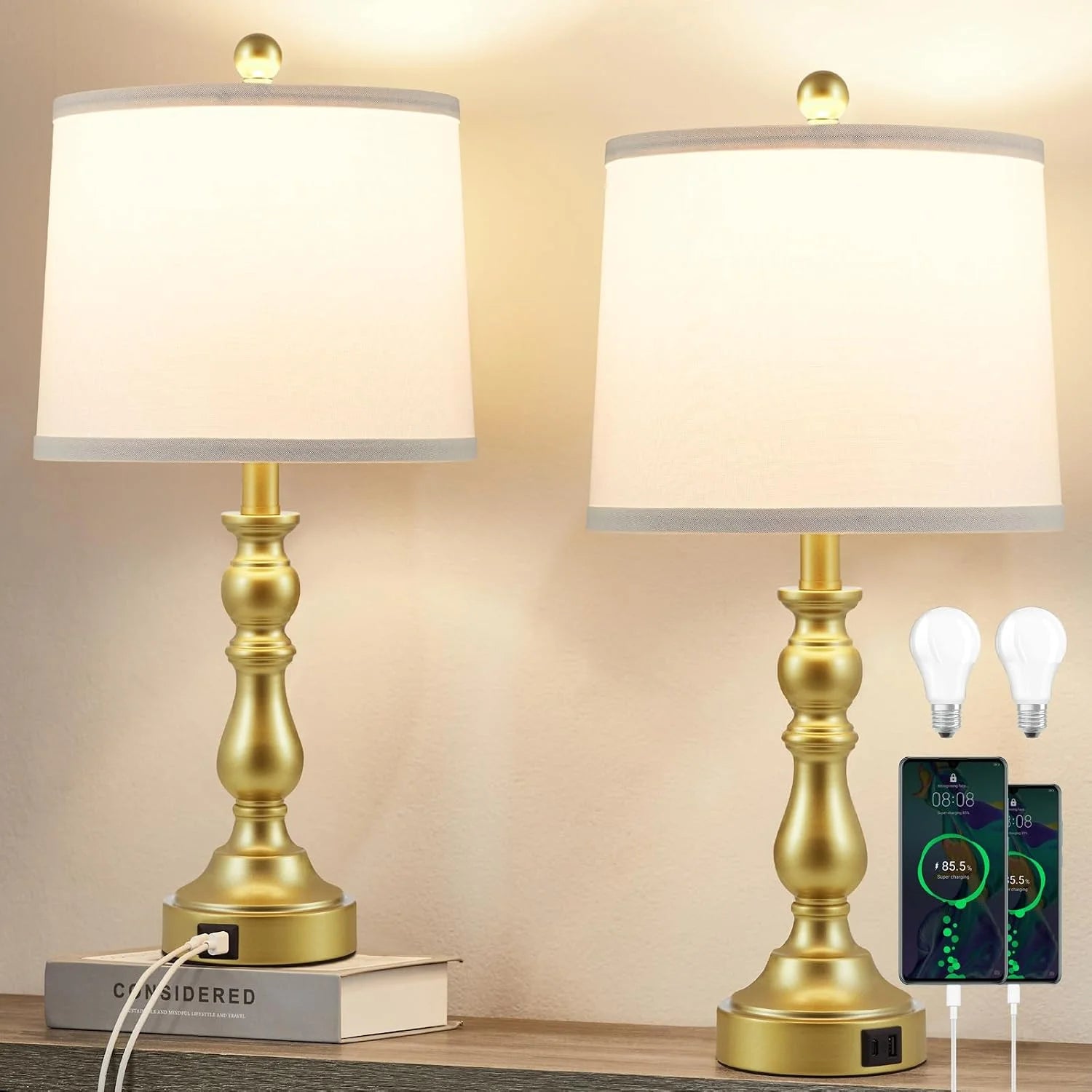 Special 23” Farmhouse Table Lamps for Living Room Set of 2 with USB C+A Ports, 3-Color Temperature, Bulb Included