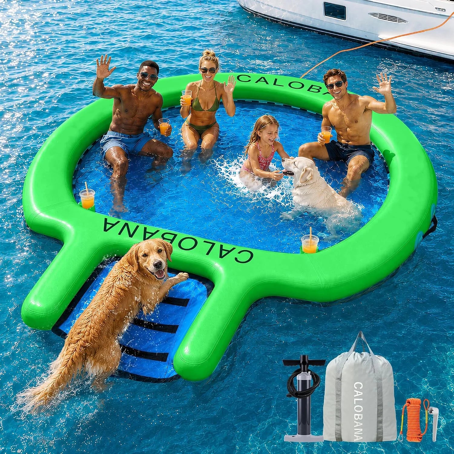 Special CALOBANA Water Hammock with Dog Boat Ramp, Inflatable Round Floating Ring for Adults Pets Heavy Duty Floating Dock - Image 9