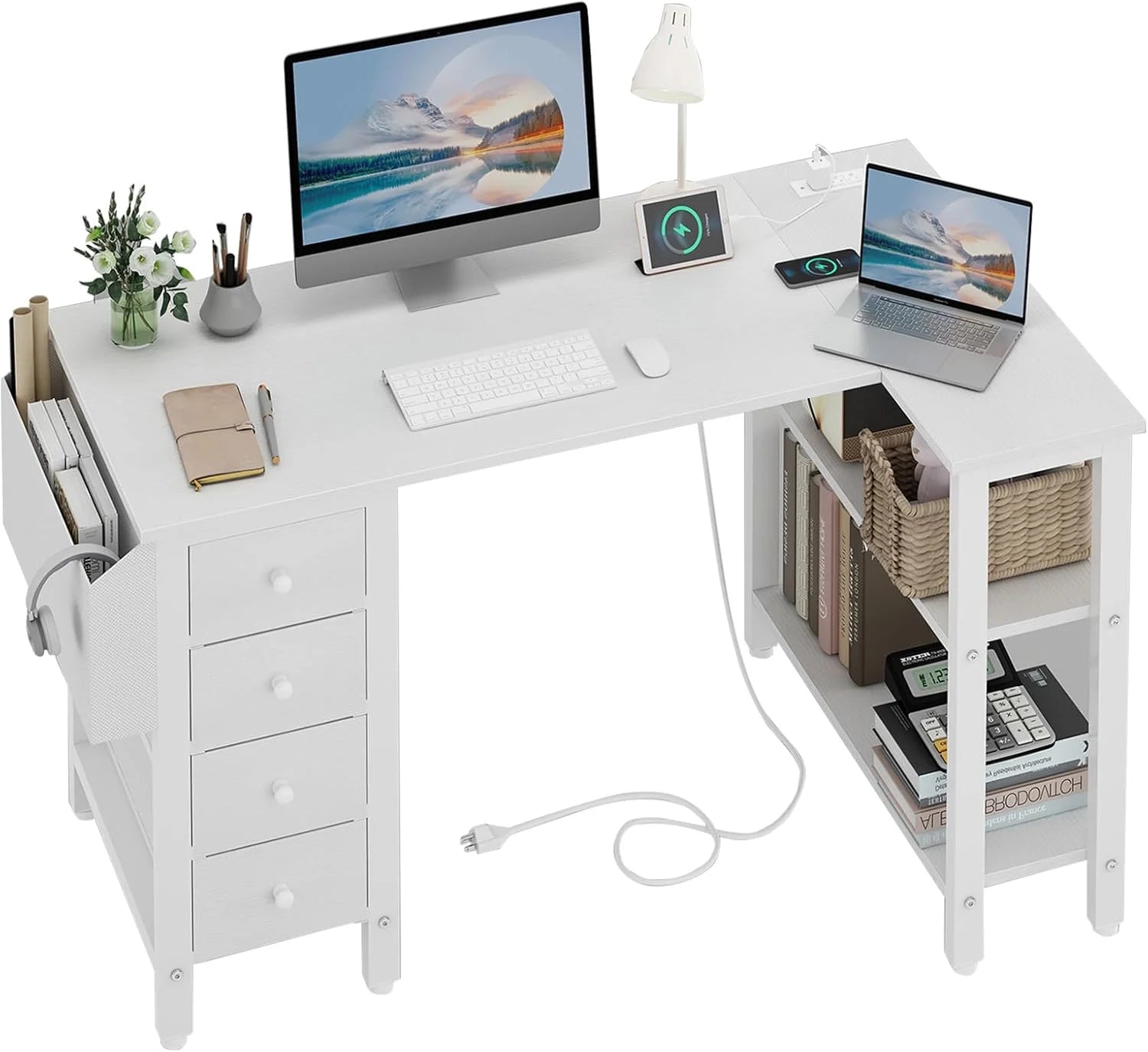 Special Lufeiya White L Shaped Computer Desk with Drawers & Storage Shelves, 47 Inch Corner Reversible Desk with Power Outlet - Image 3