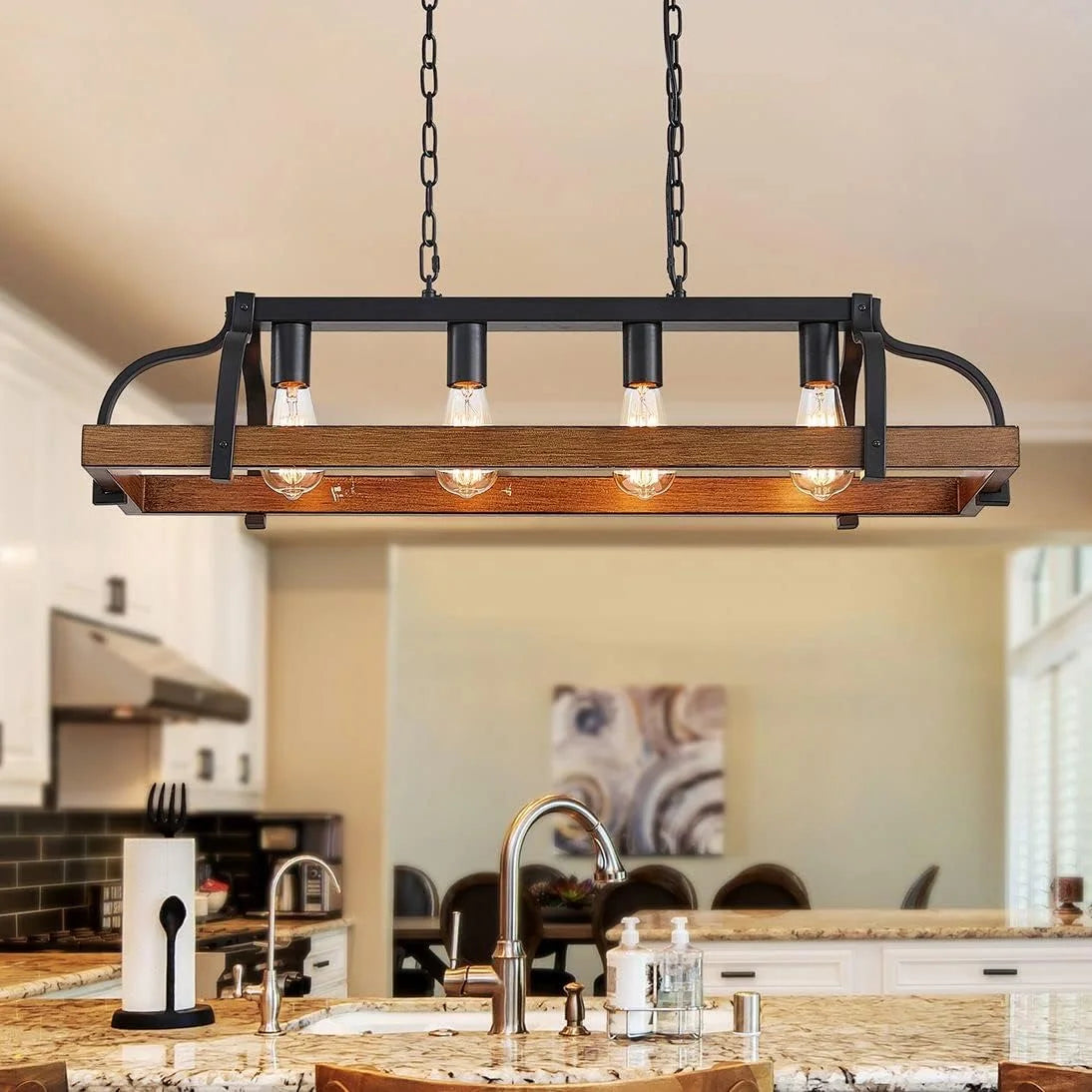 Special 5-Light Metal Chandelier Imitation Wood Grain Linear Pendant Ceiling Lighting Rustic Farmhouse Fixture Kitchen - Image 6