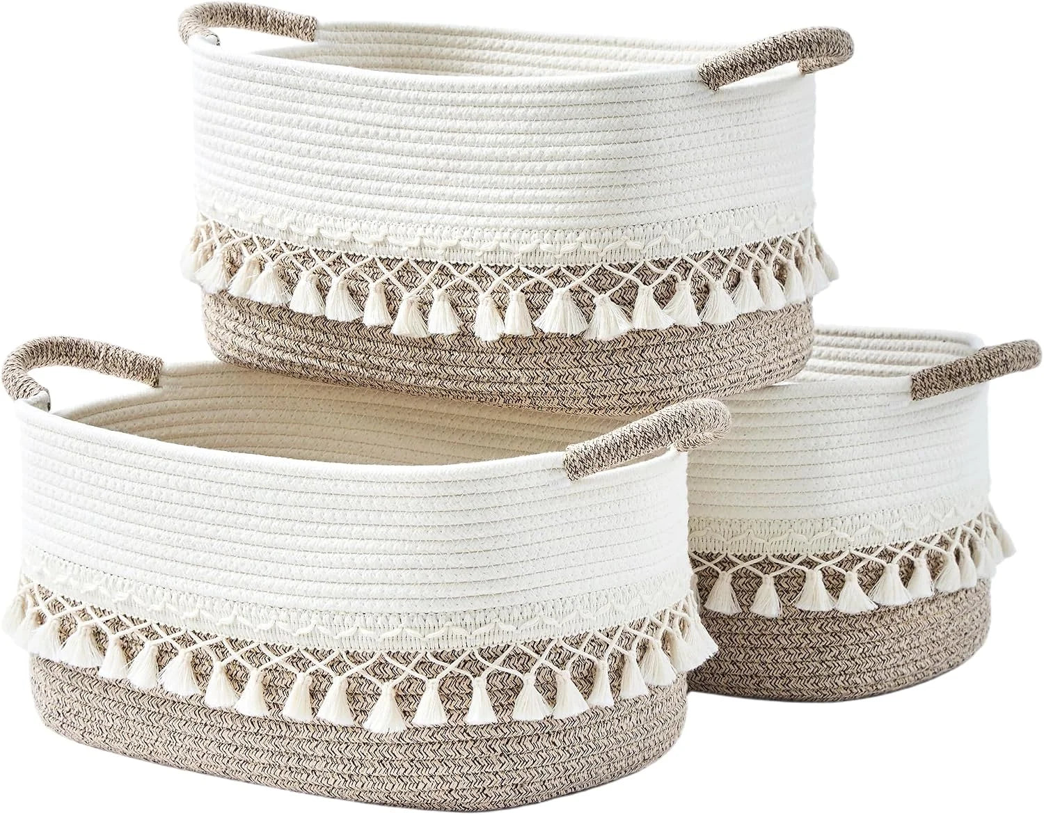 Special Basket, Woven Baskets for Shelves, White/Brown, 3 Pack Boho Cotton Rope Storage Baskets - Image 10