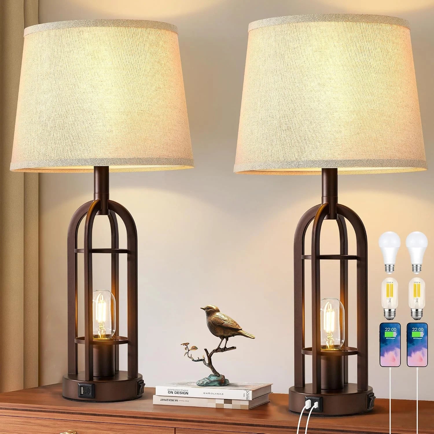Special Black Table Lamps for Living Room Set of 2, Farmhouse Lamps for Night Stands with USB A+C - Image 3